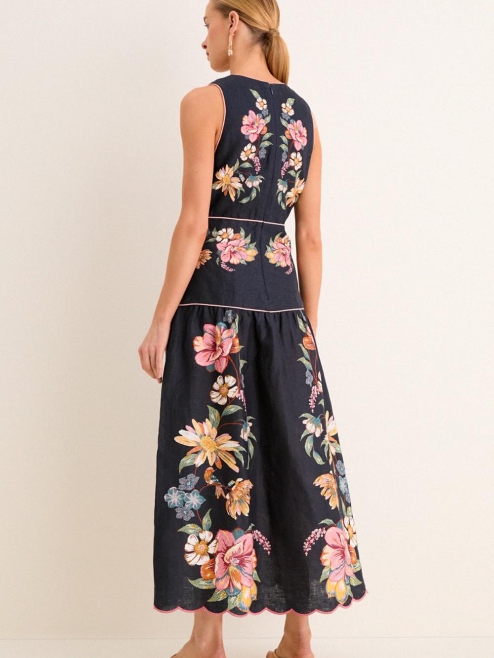 FARM Rio Maira Floral Dark Blue Linen Midi Dress Size XL NWT - Picture 9 of 15